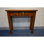 A SOLID OAK HALL TABLE, with three small frieze drawers, on square block legs, width 90cm x depth