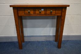 A SOLID OAK HALL TABLE, with three small frieze drawers, on square block legs, width 90cm x depth