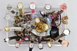A BOX OF ASSORTED FASHION WATCHES, to include various ladies and gent's wristwatches and pocket