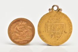 A GEORGE III GOLD GUINEA with gold mount, together with a Victoria gold half sovereign 1896 (2)