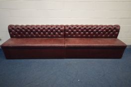 A PAIR OF BURGUNDY LEATHER CHESTERFIELD BENCHES, each bench length 169cm x depth 70cm x height 88cm