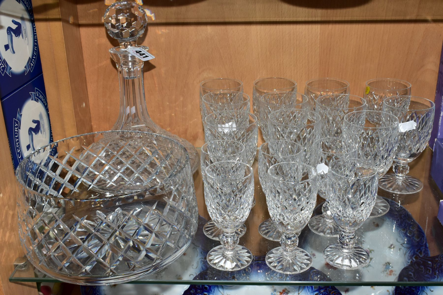 A WATERFORD CRYSTAL SHIPS DECANTER AND MATCHING WATERFORD GLASSES, 'Boyne' pattern, to include a set