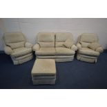 AN UPHOLSTERED THREE PIECE LOUNGE SUITE, comprising a two seater settee, pair of armchairs and a