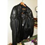 TWO LEATHER JACKETS, comprising an Ashman black leather motorcycle jacket, UK size 46 (euro size 56)