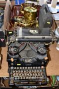 TWO BOXES AND LOOSE METALWARE, ETC, including a Royal Typewriter, a cased portable typewriter, a