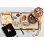 A BOX OF ASSORTED ITEMS, to include a 'Stratton' compact with an attached lipstick holder, various