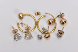 A BAG OF YELLOW METAL EARRINGS, to include two pairs of ball studs, stamped '375. 9ct', a pair of