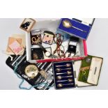 A BOX OF MISCELLANEOUS ITEMS, to include a cased set of six silver coffee spoons, shell detailed