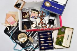 A BOX OF MISCELLANEOUS ITEMS, to include a cased set of six silver coffee spoons, shell detailed