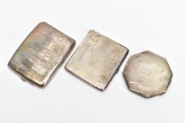 TWO SILVER CIGARETTE CASES AND A SILVER HEXAGONAL COMPACT, the compact with an engine turned