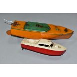 AN UNBOXED HORNBY TINPLATE CLOCKWORK SPEEDBOAT, 'Martin', missing key, orange with green hatch