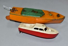 AN UNBOXED HORNBY TINPLATE CLOCKWORK SPEEDBOAT, 'Martin', missing key, orange with green hatch