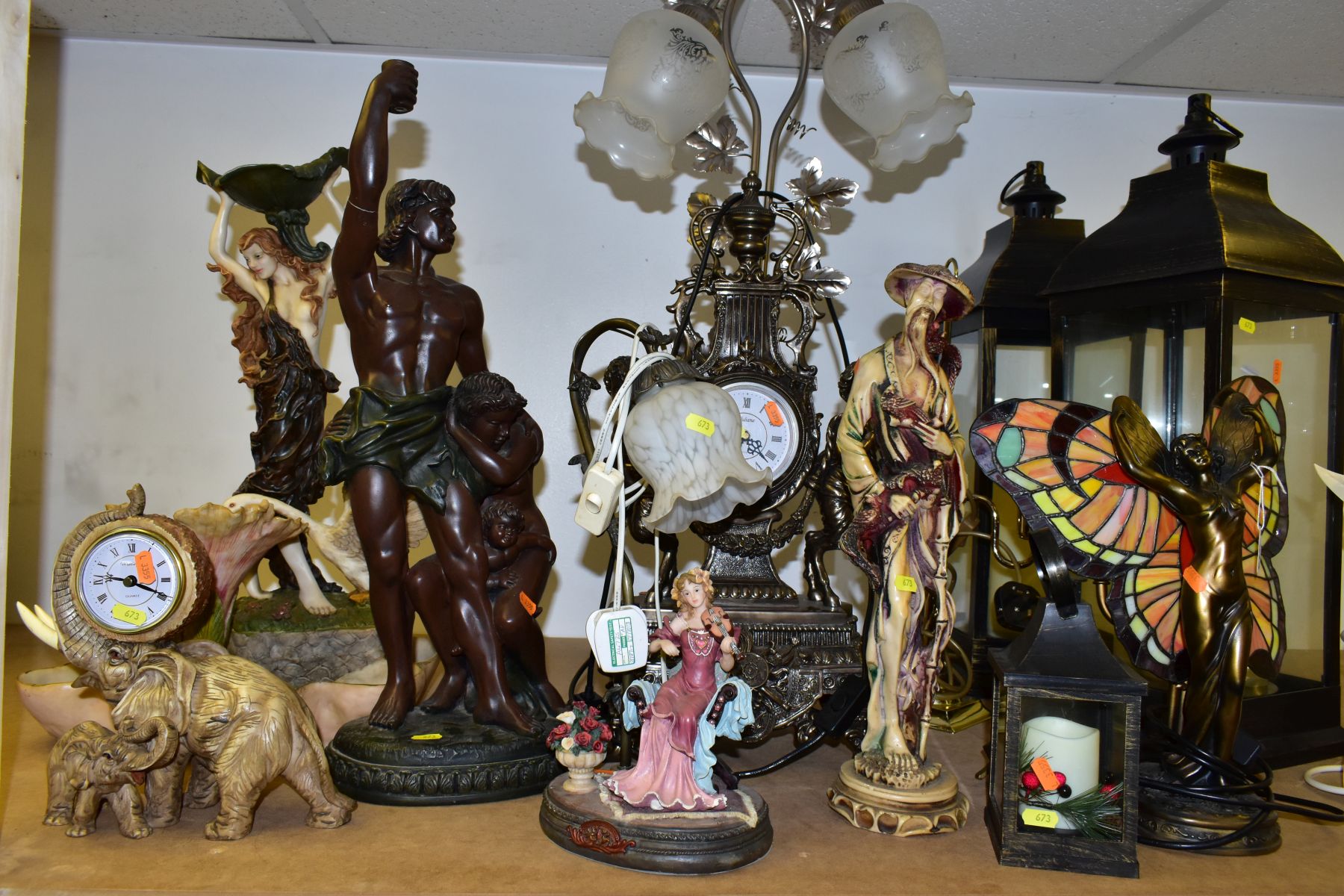 A GROUP OF MODERN TABLE LAMPS, CLOCKS, FIGURES, CANDLE HOLDERS etc, comprising of a Juliana
