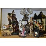 A GROUP OF MODERN TABLE LAMPS, CLOCKS, FIGURES, CANDLE HOLDERS etc, comprising of a Juliana