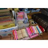 EIGHT BOXES OF BOOKS AND FOLDED OS MAPS, ETC, including vintage school books, a Victorian Imperial