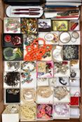 A BOX OF COSTUME JEWELLERY, to include pieces such as imitation pearl necklaces, beaded necklaces,