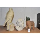 THREE MODERN CERAMIC SCULPTURAL ITEMS, comprising a terracotta stylised figure of a sheep, green