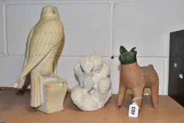 THREE MODERN CERAMIC SCULPTURAL ITEMS, comprising a terracotta stylised figure of a sheep, green