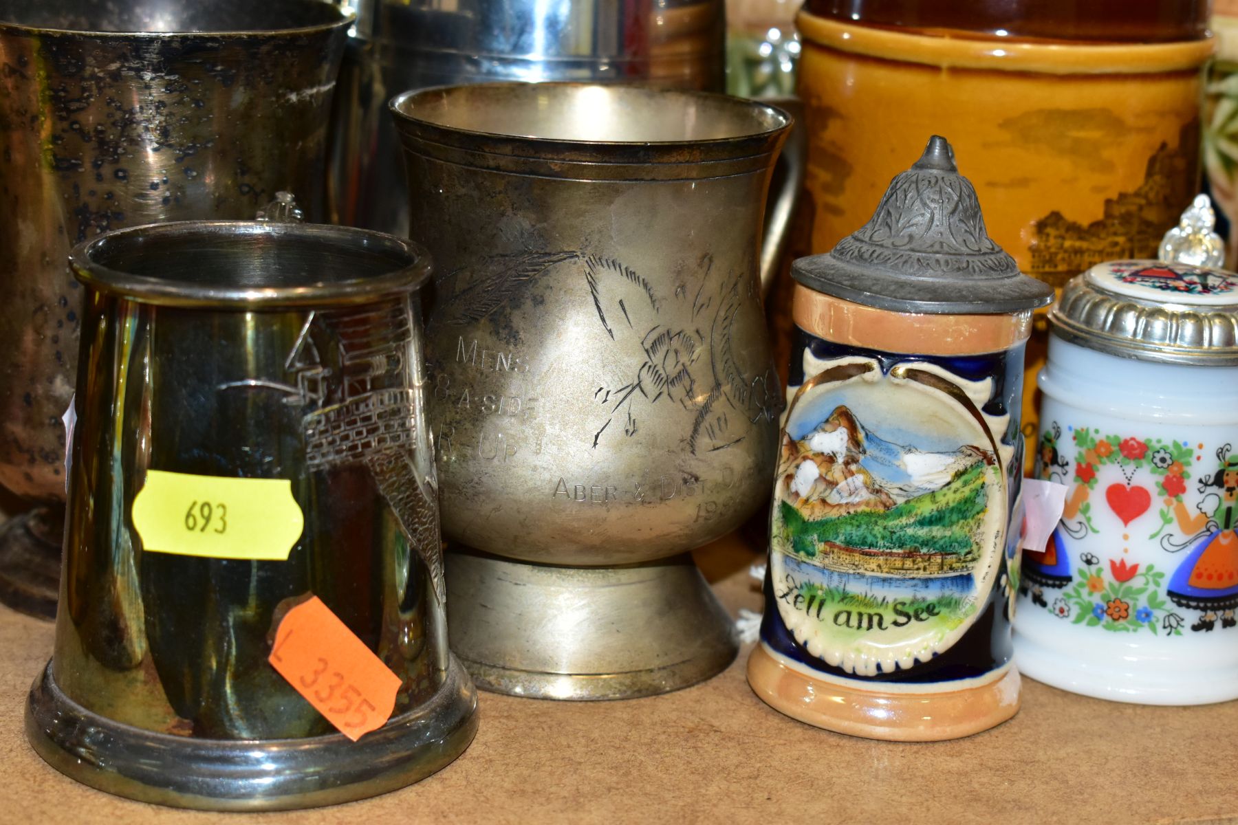 A GROUP OF STEINS, TANKARDS AND EPNS TANKARDS, including a pair of German milk glass miniature - Image 8 of 8