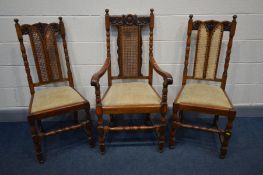 A SET OF THREE REPRODUCTION OAK CHAIRS, with a carved and bergère back, comprising an open