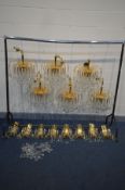 A FOURTEEN PIECE BRASSED CHANDELIER/WALL LIGHTS, to include six teardrop chandeliers with glass