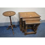 A REPRODUX OAK NEST OF THREE TABLES, width 55cm x depth 35cm x height 48cm (fluid stained) and a