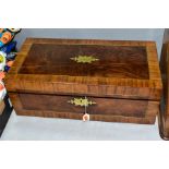 A VICTORIAN WALNUT, FIGURED WALNUT AND BRASS INLAID WRITING SLOPE, split to the hinged lid,