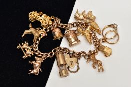A 9CT GOLD CHARM BRACELET, curb link bracelet, suspending eleven charms in forms such as a horse set