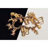 A 9CT GOLD CHARM BRACELET, curb link bracelet, suspending eleven charms in forms such as a horse set