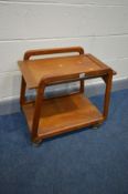 A SIKA MOBLER DANISH TEAK DRINKS TROLLEY, with a reversable tray, on casters, width 62cm x depth