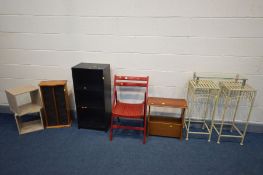 A QUANTITY OF OCCASIONAL FURNITURE, to include a pair of wrought iron plant stands, yewwood magazine