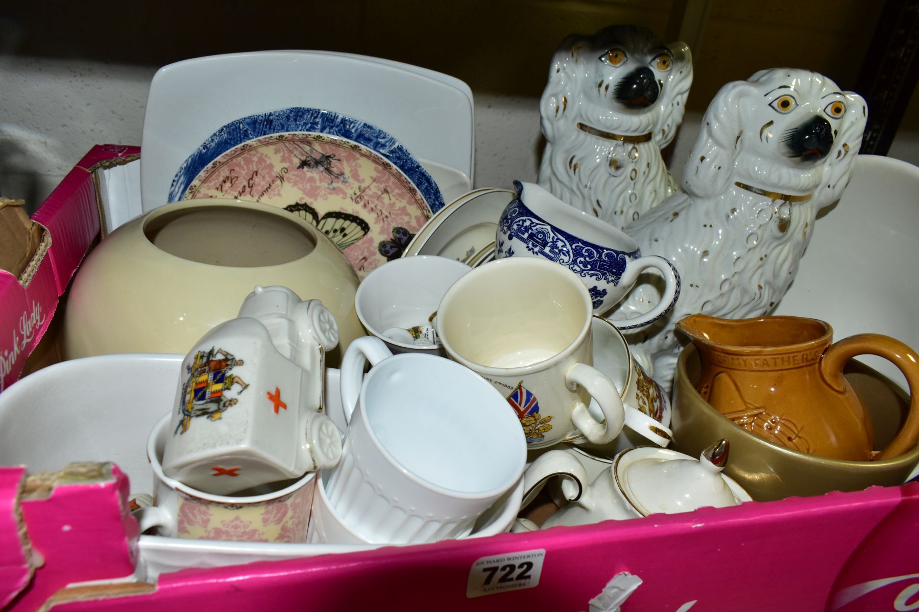 FOUR BOXES AND LOOSE OF MISCELLANEOUS ITEMS, comprising of a pair of Staffordshire dogs (one - Image 6 of 8