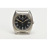 GENTLEMAN'S HAMILTON MILITARY ISSUE STAINLESS STEEL MANUAL WIND WRIST WATCH, The round black dial