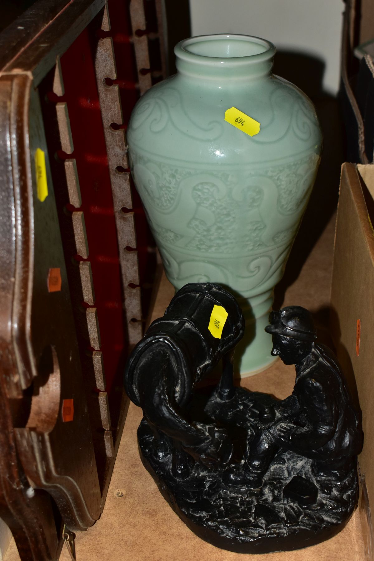 FOUR BOXES AND LOOSE CERAMICS, GLASS, ETC, including a Chinese celendon shouldered vase, 27cm - Image 4 of 9