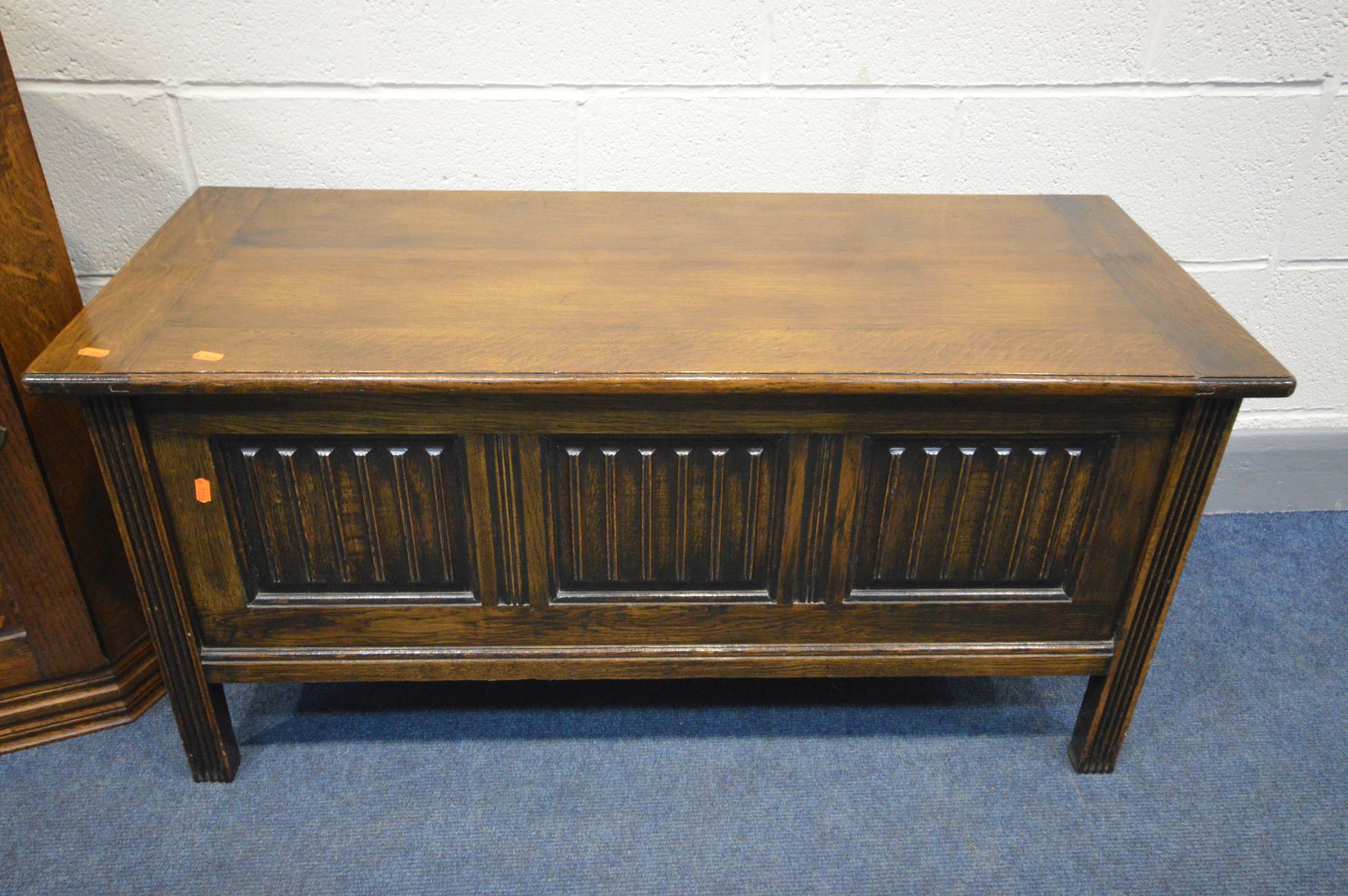 AN OAK TRIPLE PANEL BLANKET CHEST, width 107cm x depth 45cm x height 51cm along with an oak - Image 2 of 3