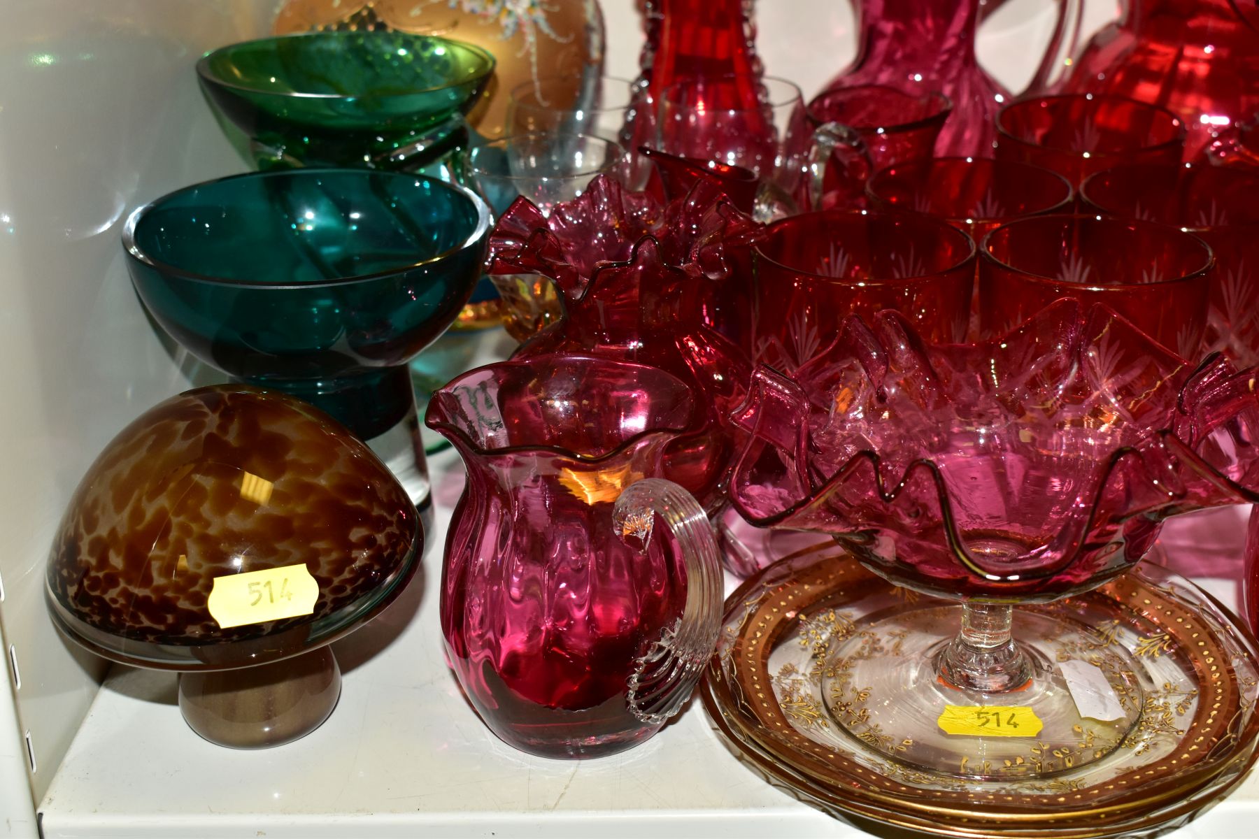 A COLLECTION OF COLOURED GLASSWARE, including a Wedgwood mushroom, a green and clear bowl on a - Image 2 of 4