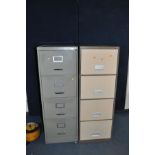 TWO METAL FILING CABINETS WITH FOUR DRAWERS, one with key the other no key and neither have anti