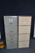 TWO METAL FILING CABINETS WITH FOUR DRAWERS, one with key the other no key and neither have anti