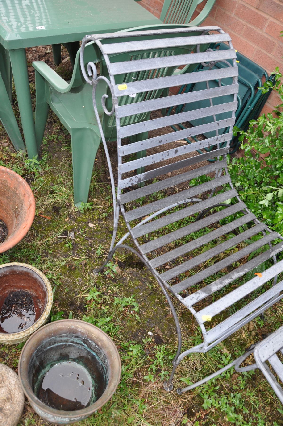 A PAIR OF GALVANISED METAL GARDEN CHAIRS AND MATCHING OCCASSIONAL TABLE, with flat bar slatted - Image 2 of 3