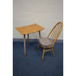 AN ERCOL ELM AND BEECH MODEL 265 TABLE, the curved top on triple square tapered legs, width 68cm x