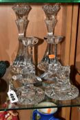 THREE PAIRS OF CLEAR GLASS CANDLESTICKS, comprising of pair of square shaped Villeroy & Boch, height