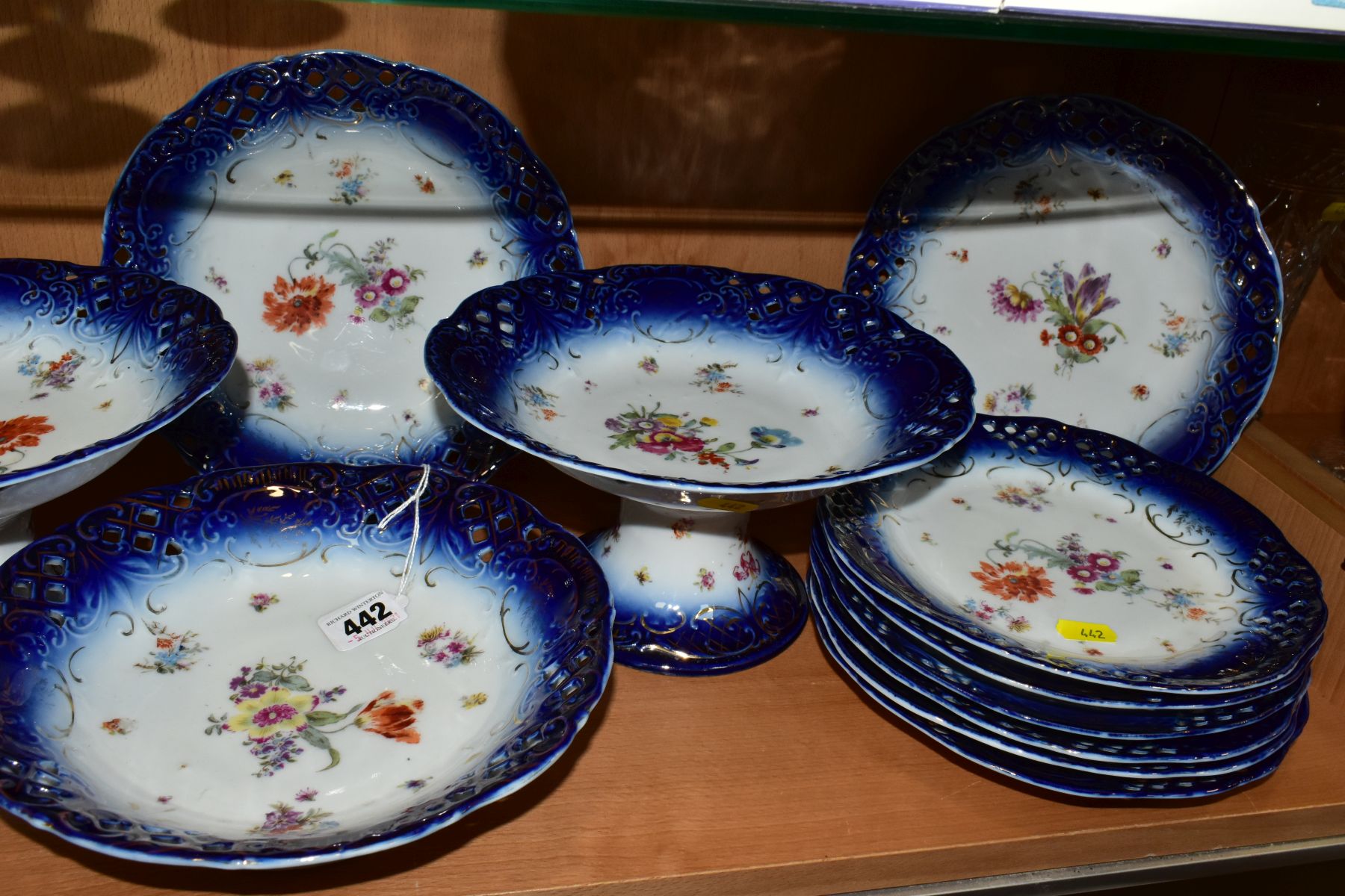 A VICTORIA, AUSTRIA, PORCELAIN DESSERT SET, transfer printed floral design with pierced borders, - Image 2 of 16