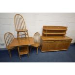 `A SELECTION OF LIGHT ELM PRIORY FURNITURE, to include a sideboard with an open plate rack and