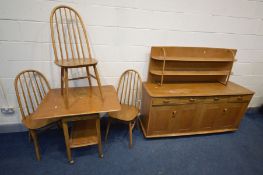 `A SELECTION OF LIGHT ELM PRIORY FURNITURE, to include a sideboard with an open plate rack and