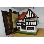 A SCRATCH BUILT DOLLS HOUSE, TWO PRINTS AND A FIRE SCREEN, the dolls house in need of renovation,