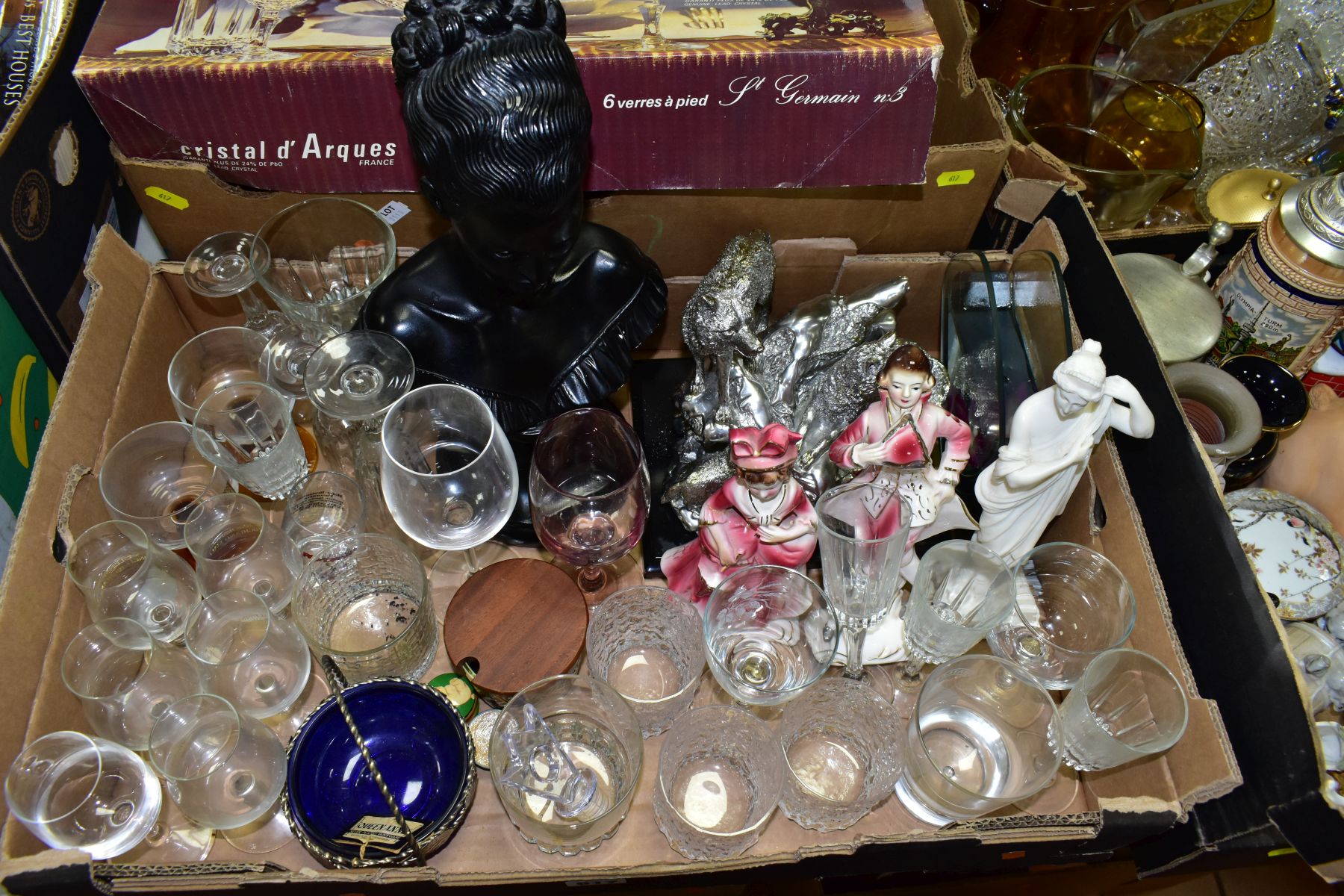 FOUR BOXES OF DECORATIVE ORNAMENTS AND GLASS WARES, ETC, to include a black plaster bust of a female - Image 3 of 6