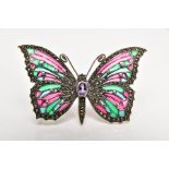 A WHITE METAL PLIQUE-A-JOUR AND MARCASITE BUTTERFLY BROOCH, with red, pink, blue and green enamelled