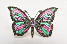 A WHITE METAL PLIQUE-A-JOUR AND MARCASITE BUTTERFLY BROOCH, with red, pink, blue and green enamelled