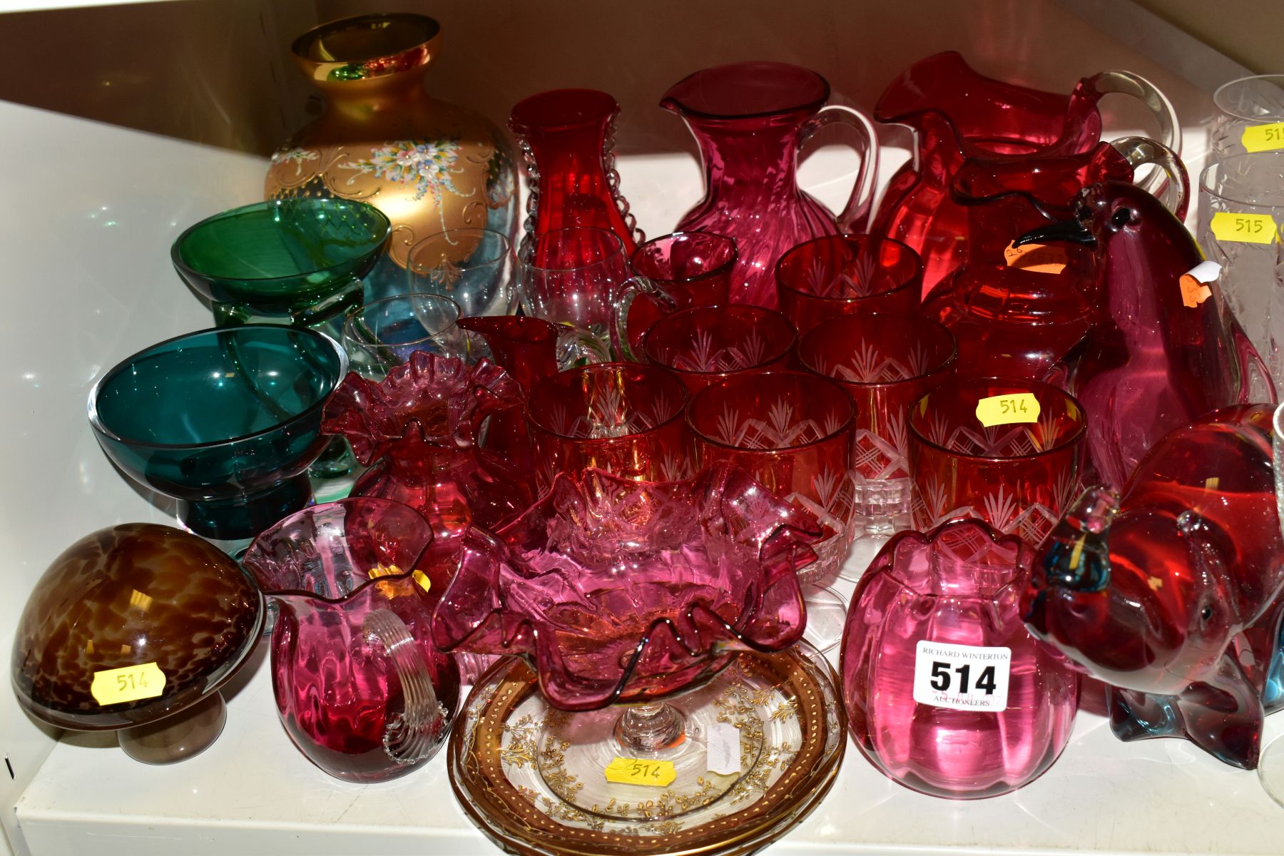 A COLLECTION OF COLOURED GLASSWARE, including a Wedgwood mushroom, a green and clear bowl on a