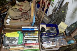 A QUANTITY OF VINTAGE FLY FISHING EQUIPMENT AND BOOKS, ETC, to include two Hardy Perfect 3 3/8 reels